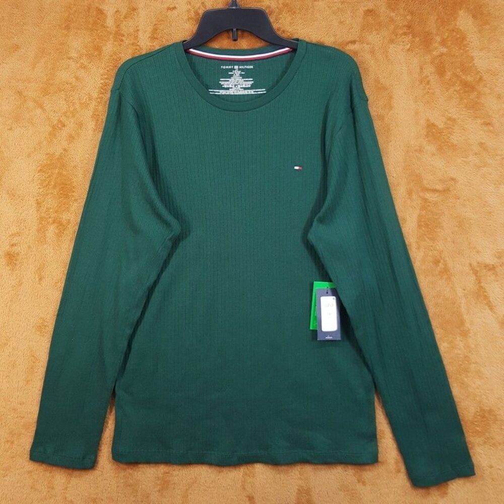 TOMMY HILFIGER Shirt Mens XL Green Pullover Crew Long Sleeve Ribbed Knit